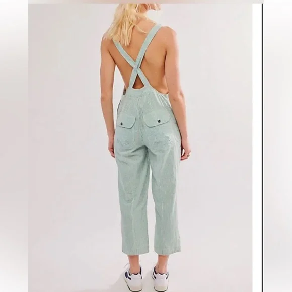 Free People Salopette In Town Green Striped Overalls Size Small New - Picture 2 of 10